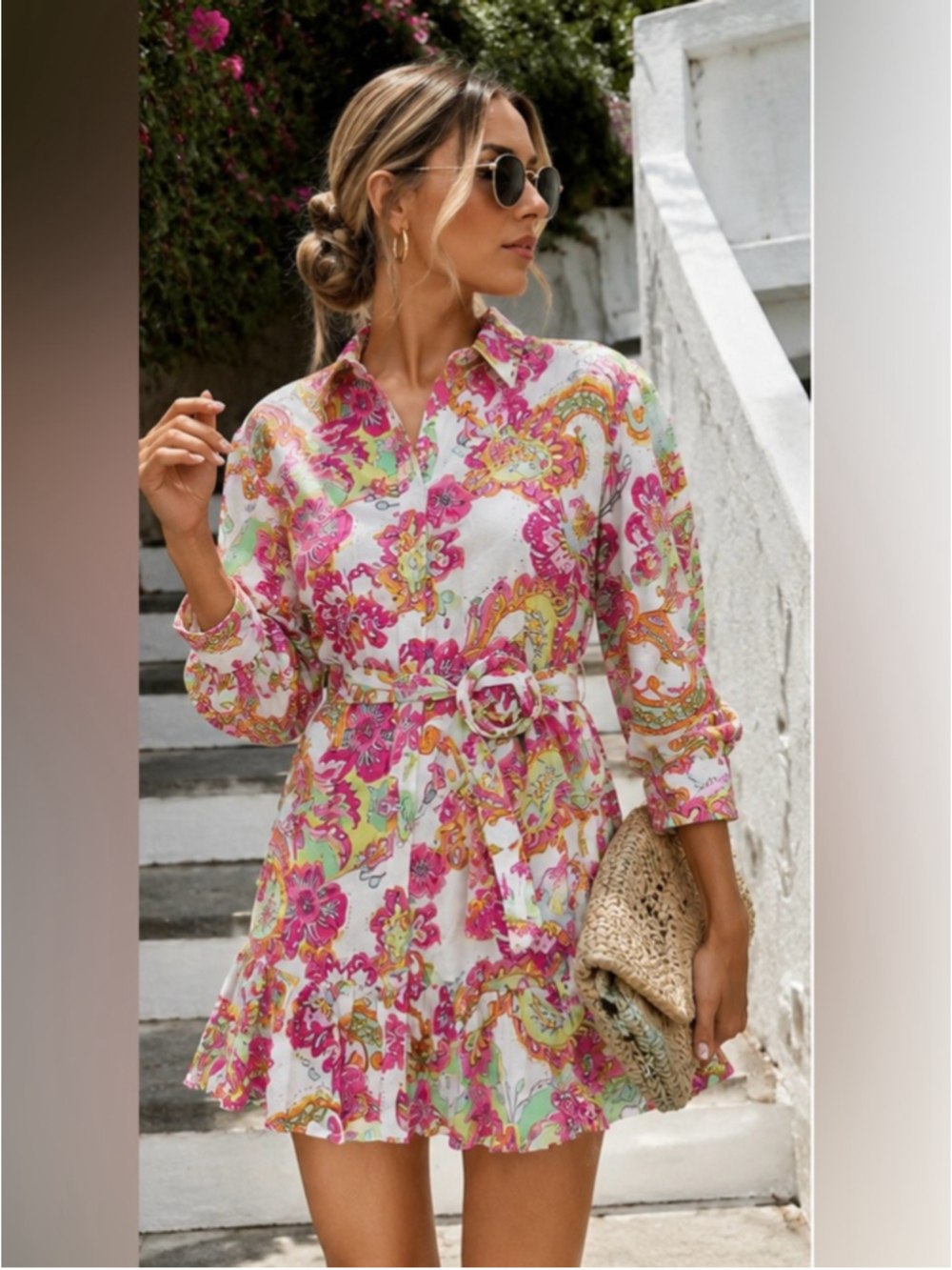 Zara Floral Print Belted Shirt Dress Pink, Green, Yellow bloggers favourite